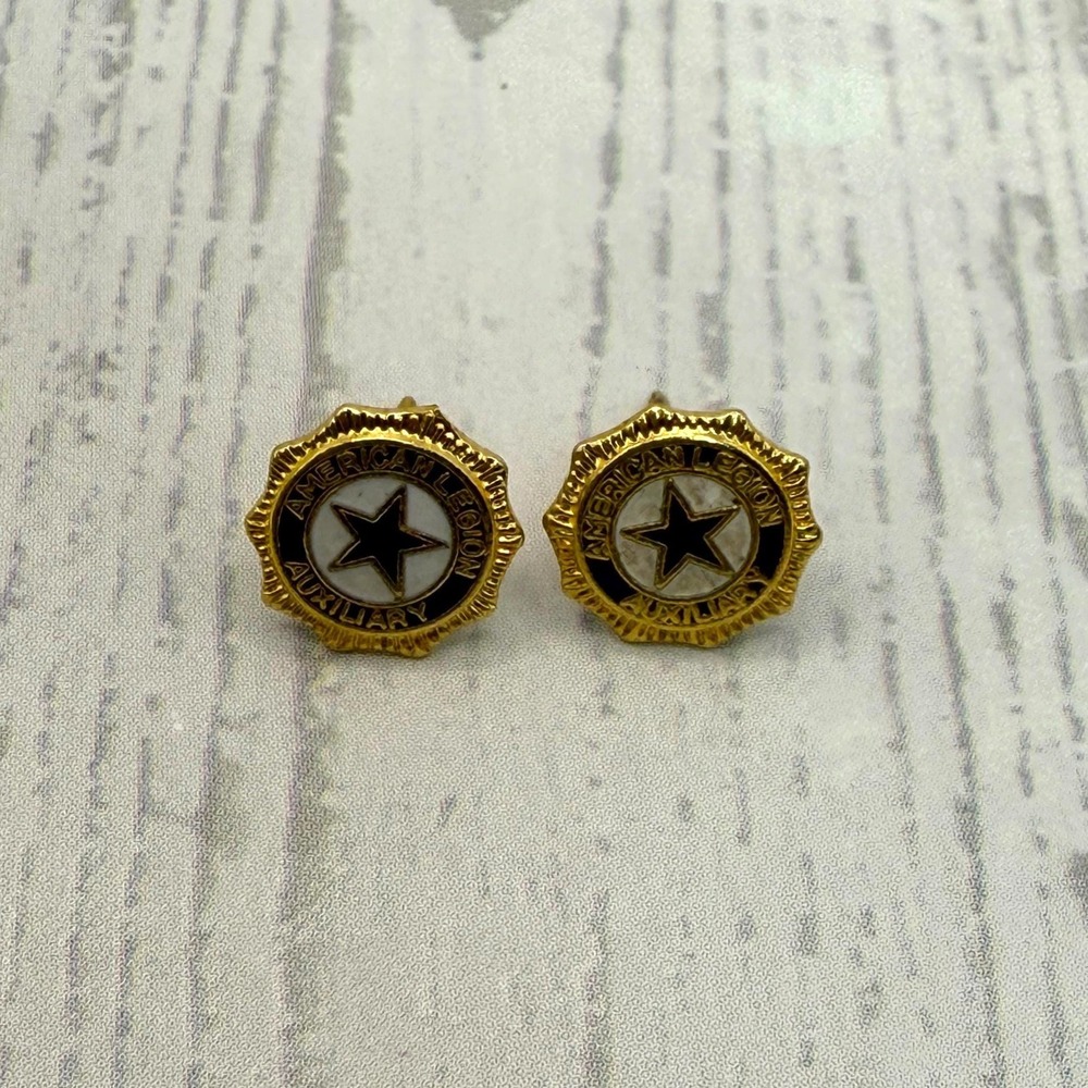 American‎ Legion Auxiliary Star Enamel Stud Earrings Gold Tone